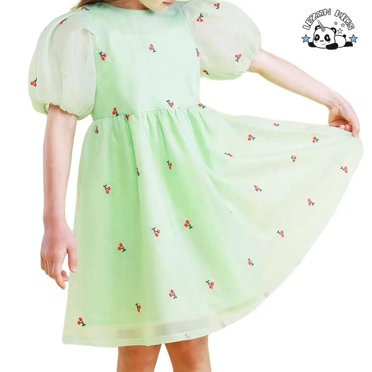 LEZONKIDS - Best New Product of 2024 Cute Cherry Printing Green Frocks Girls Dresses 2-12 Children Clothing